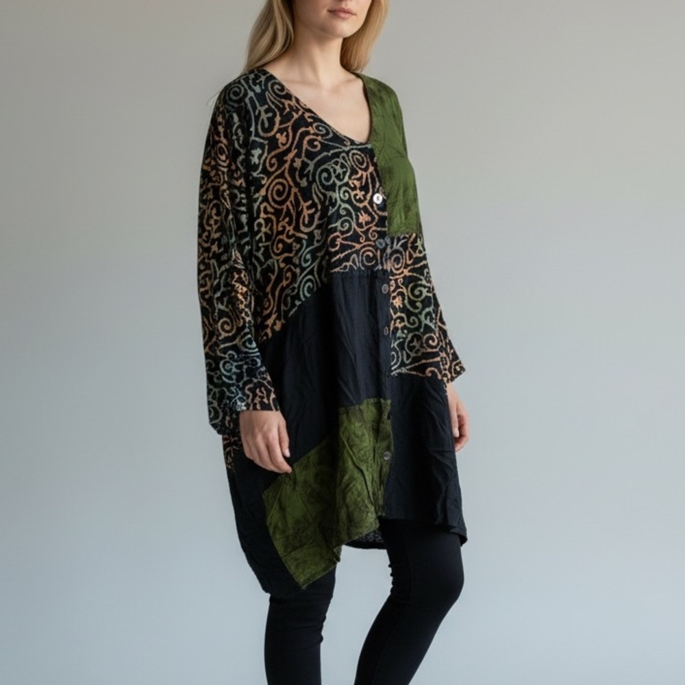 On The Plus Side Patchwork Button Front Tunic Boh… - image 1